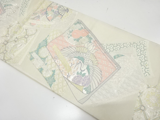 アンティーク　読み本に鶴・草花模様織り出し袋帯（材料）